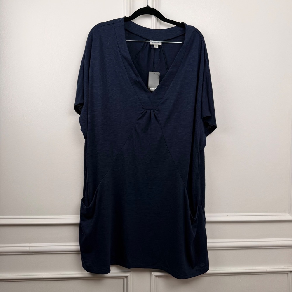 Avenue Womens Navy Blue V-Neck Pleated‎ Tunic Top with Pockets Size 22/24 NEW